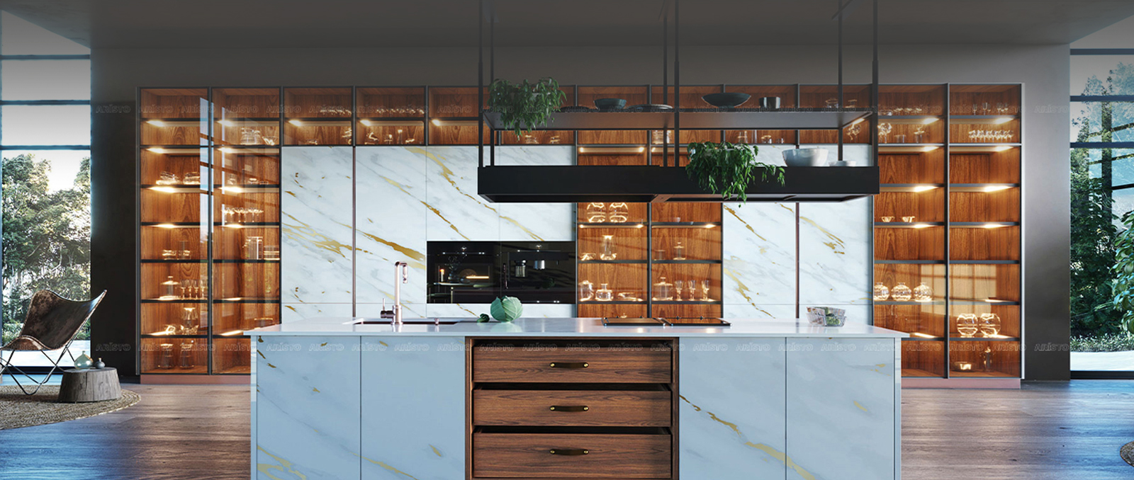 Aristo kitchen interior,
						 marble backsplash, glass cabinets, wooden drawers, modern kitchen layout