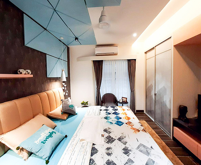 Contemporary bedroom featuring geometric ceiling panels,
								 beige headboard, and stylish bedding with natural light from a window.