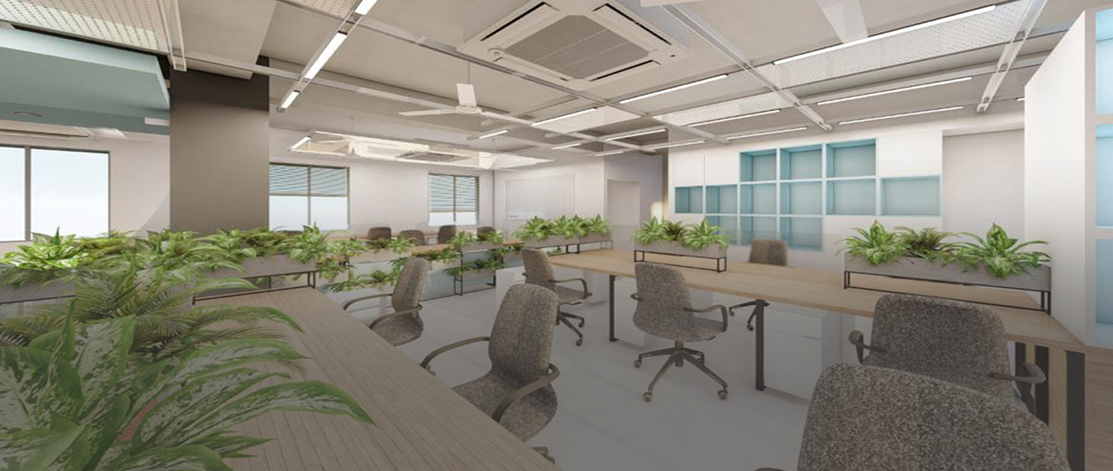 Banner of commercial interior showcasing modern office
					 layout, ergonomic design, and elegant decor