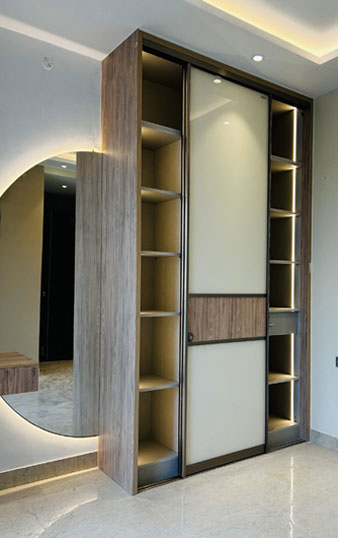 Elegant wardrobe with shelves,
								 sliding door, illuminated shelving, minimalist style