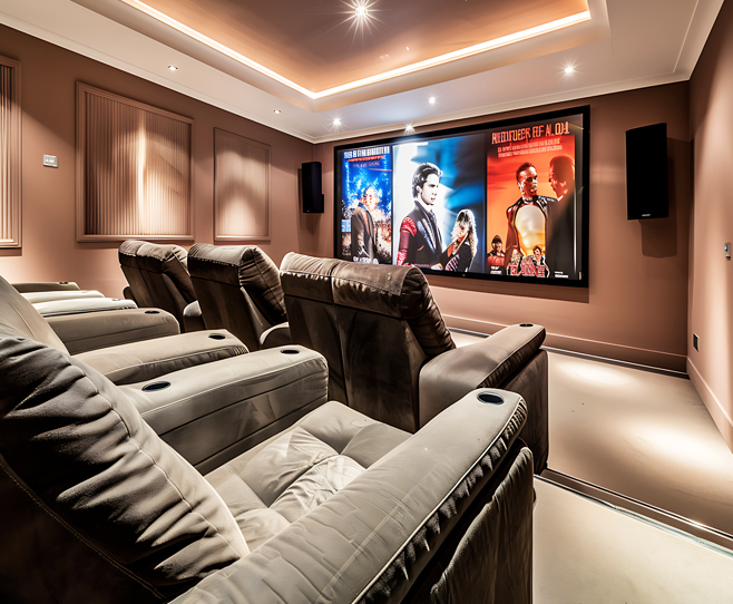 Home theater with comfortable recliner seats, ambient ceiling
								 lighting, and large movie posters on the wall.