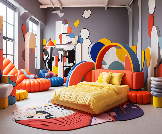 Playful kids' bedroom with vibrant colours, abstract wall art,
								 rainbow-themed bed, and eclectic decor.