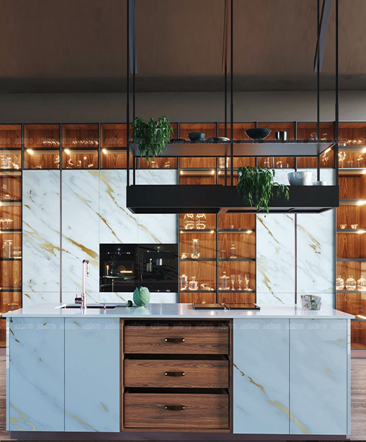 Aristo kitchen interior, marble backsplash,
						 glass cabinets, wooden drawers, modern kitchen layout