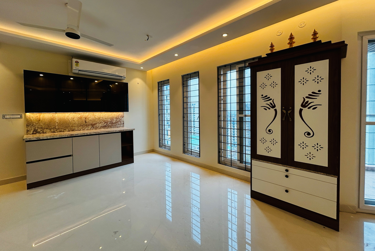 Pooja room with traditional design, wooden cabinetry, and ambient
						 lighting in residential space