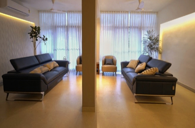 Spacious living room, two blue sofas, minimalist
									 style, natural light, indoor plants